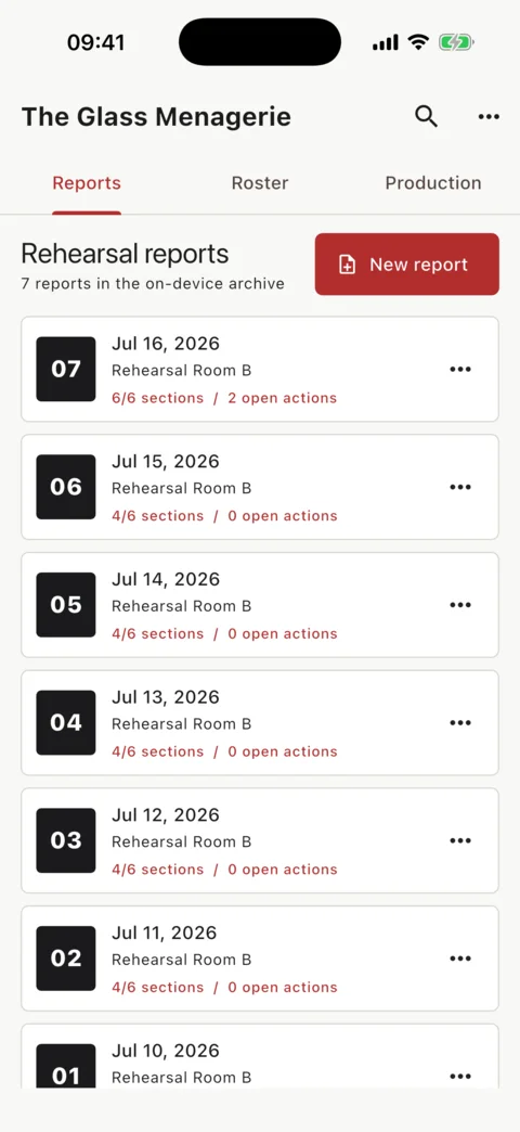 Stage Manager Report production archive on iPhone